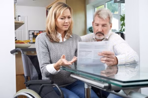 frustrated couple with woman in wheelchair reading letter