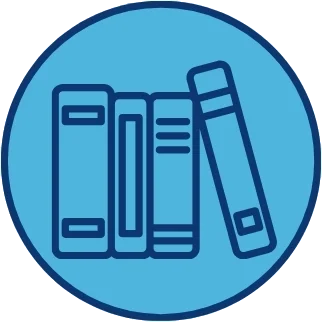 round icon containing four books on a shelf